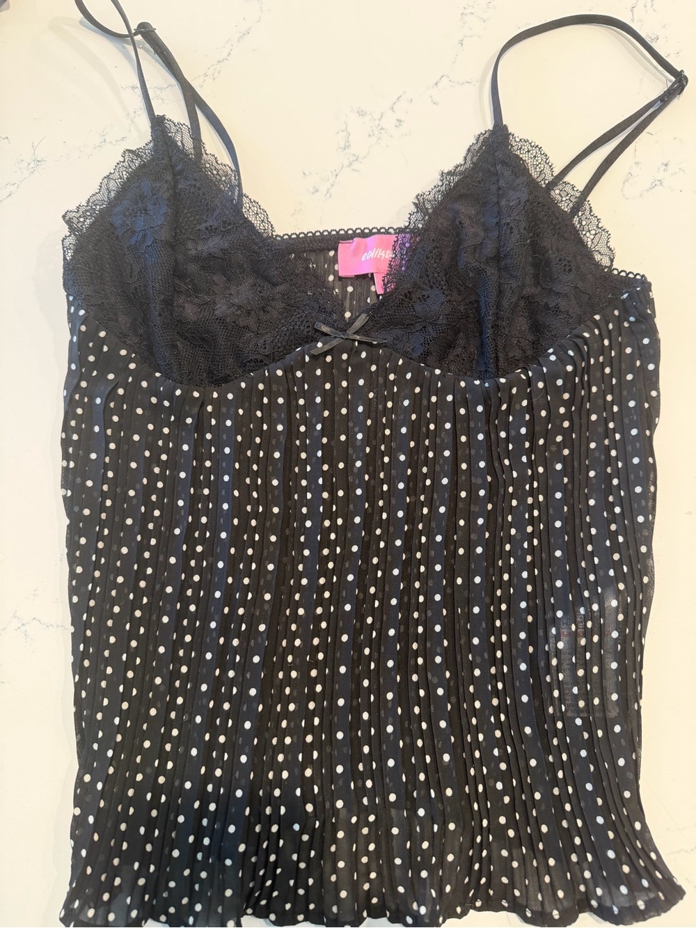 Edikted Black Polka Dot Lace-Trim Pleated Cami